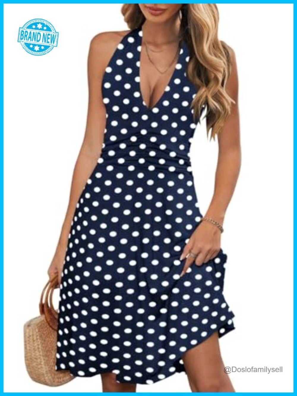 Womens Halter Neck Sundress with Pocket Mini Backless Ruched Floral Summer Dress